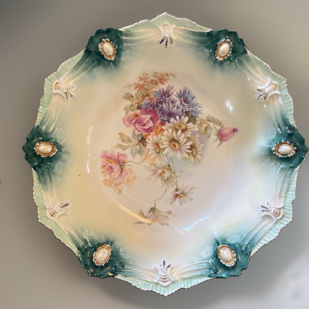 RS Prussia Antique Original PORCELAIN BOWl 10.25” Teal With Floral Victorian